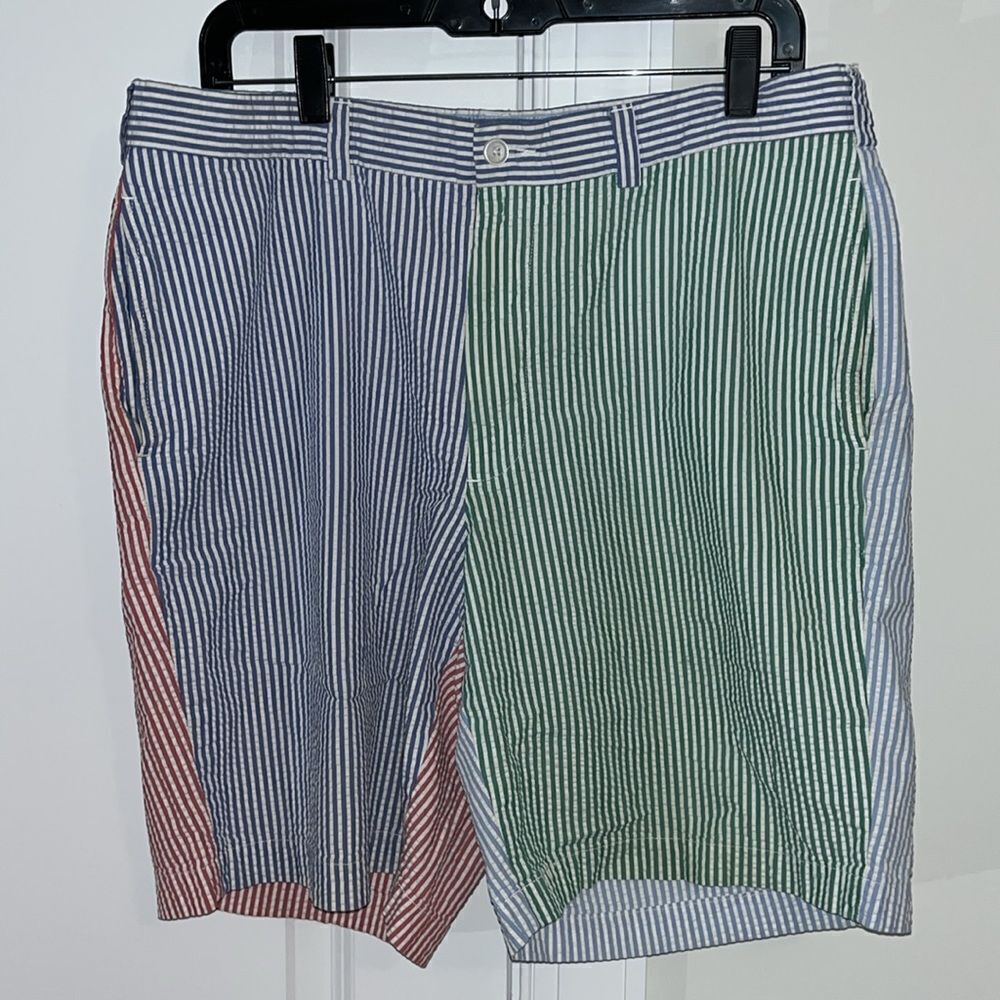 Brooks Brothers blue green red stripe seersucker Golf Walking flat front Shorts